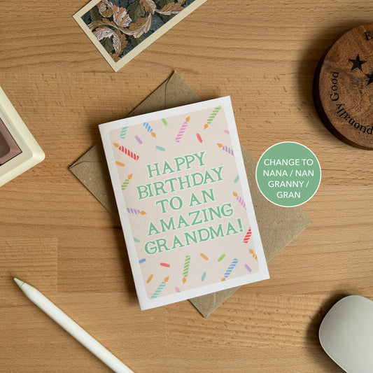 Grandma Confetti and Candles Birthday Card