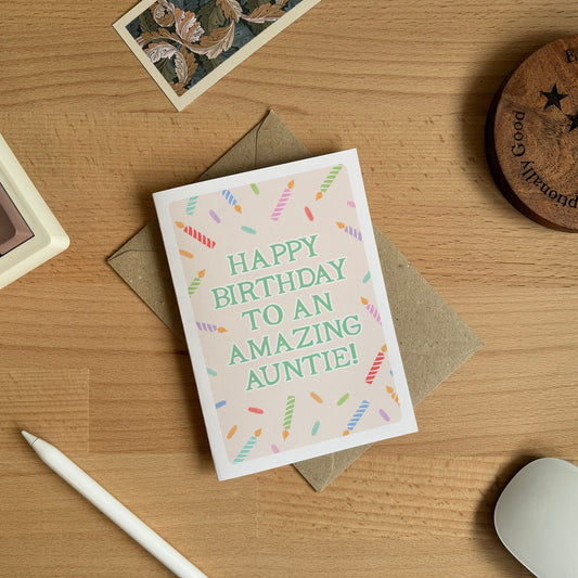 Auntie Confetti and Candles Birthday Card